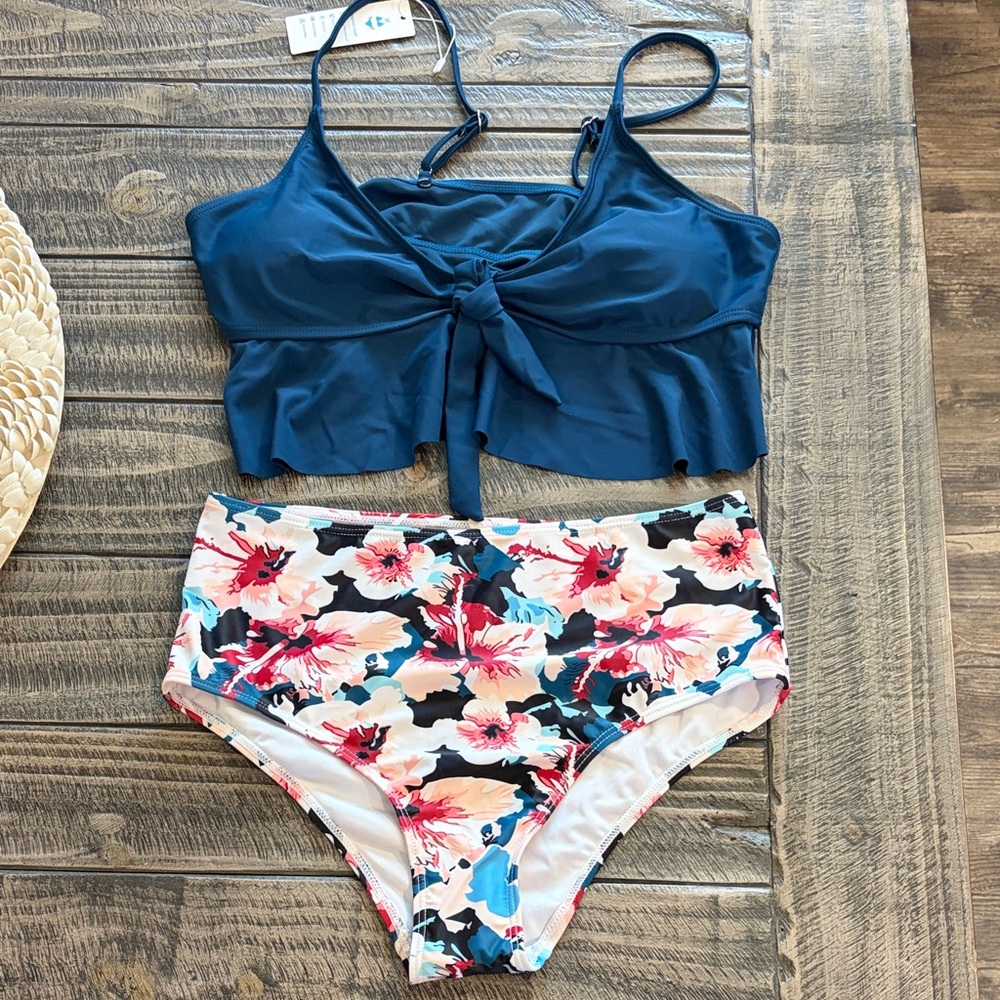 Blue Tie-Front Bikini Top with Floral High-Waist Bottoms